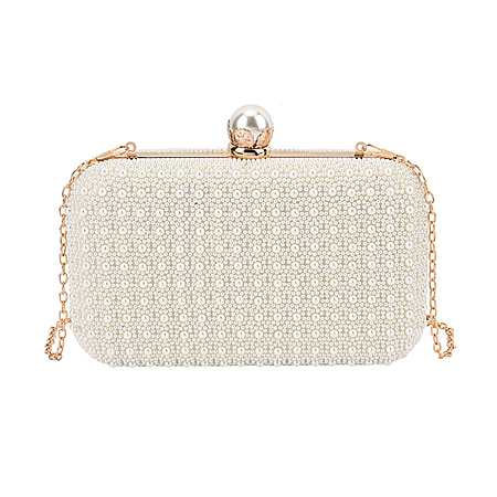 Closeout Deal - Imitation Pearl Embellished Evening Clutch with Chain Strap - White