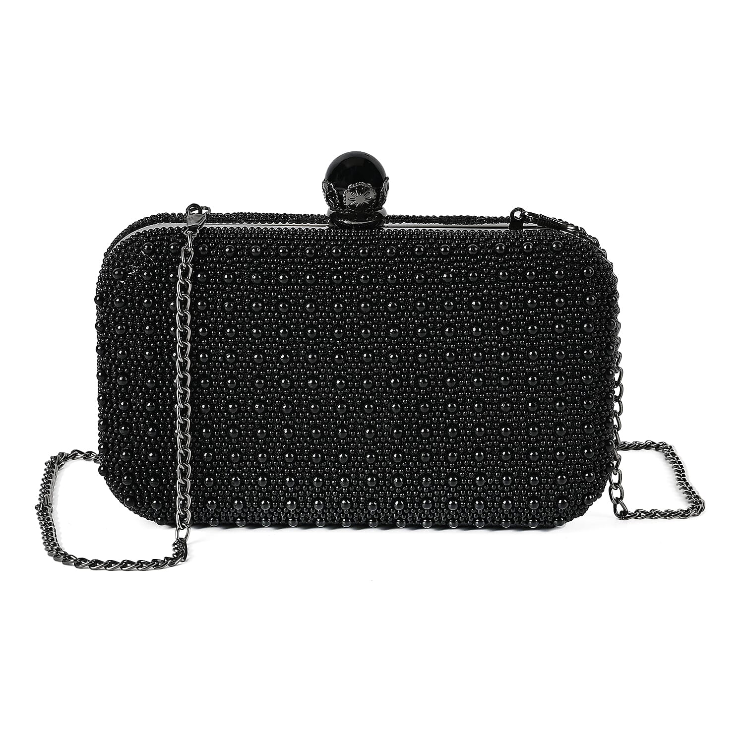 Closeout Deal - Imitation Pearl Embellished Evening Clutch with Chain Strap - Black