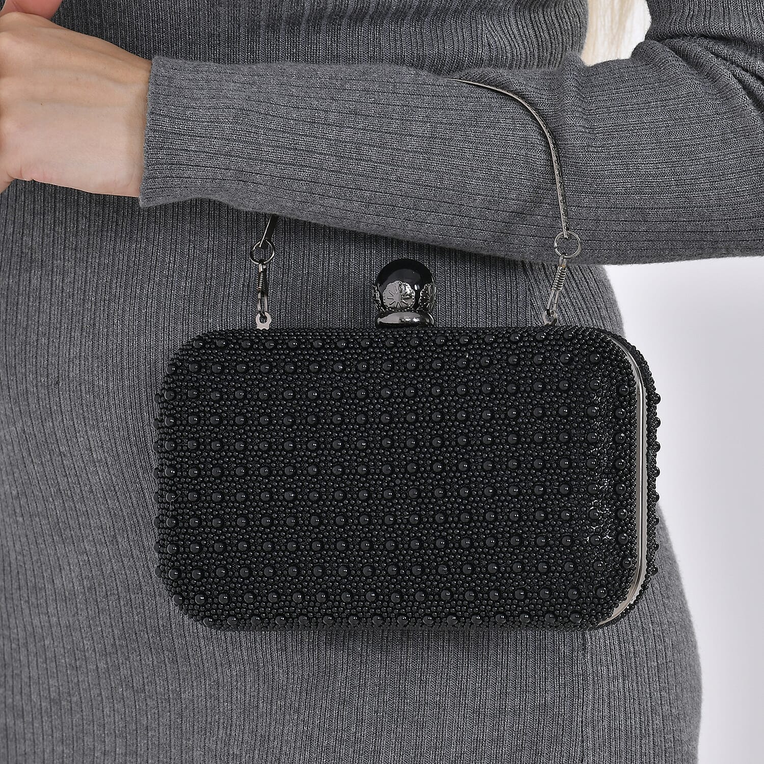 Closeout Deal - Imitation Pearl Embellished Evening Clutch with Chain Strap - Black