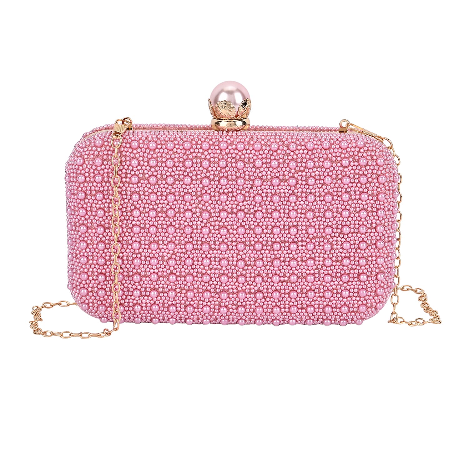 Closeout Deal Imitation Pearl Embellished Evening Clutch with Chain Strap Pink