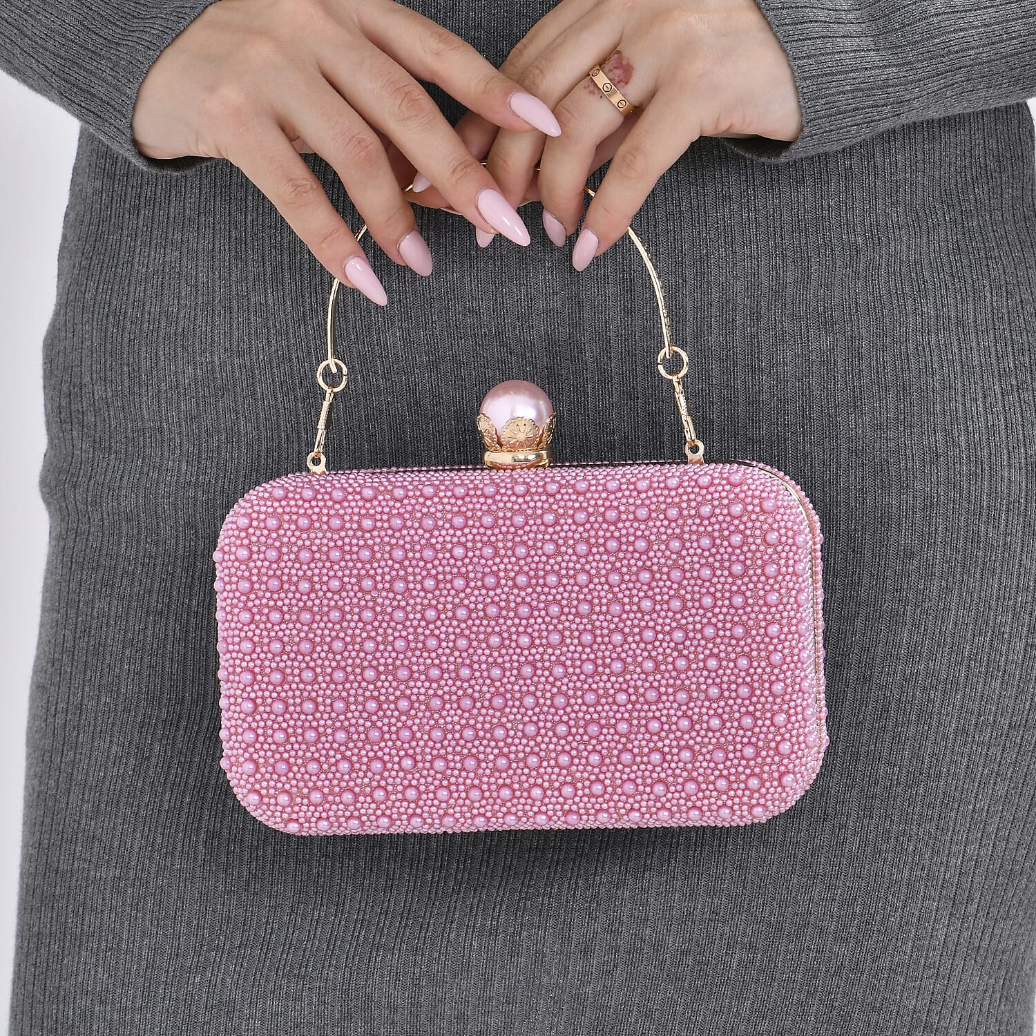 Closeout Deal - Imitation Pearl Embellished Evening Clutch with Chain Strap - Pink
