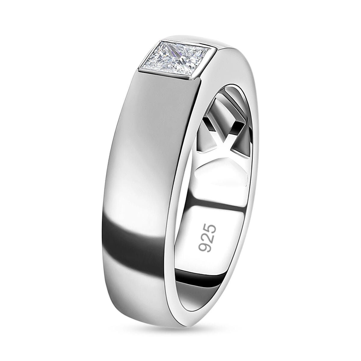 Moissanite Solitaire Band Ring in Platinum Overlay Sterling Silver