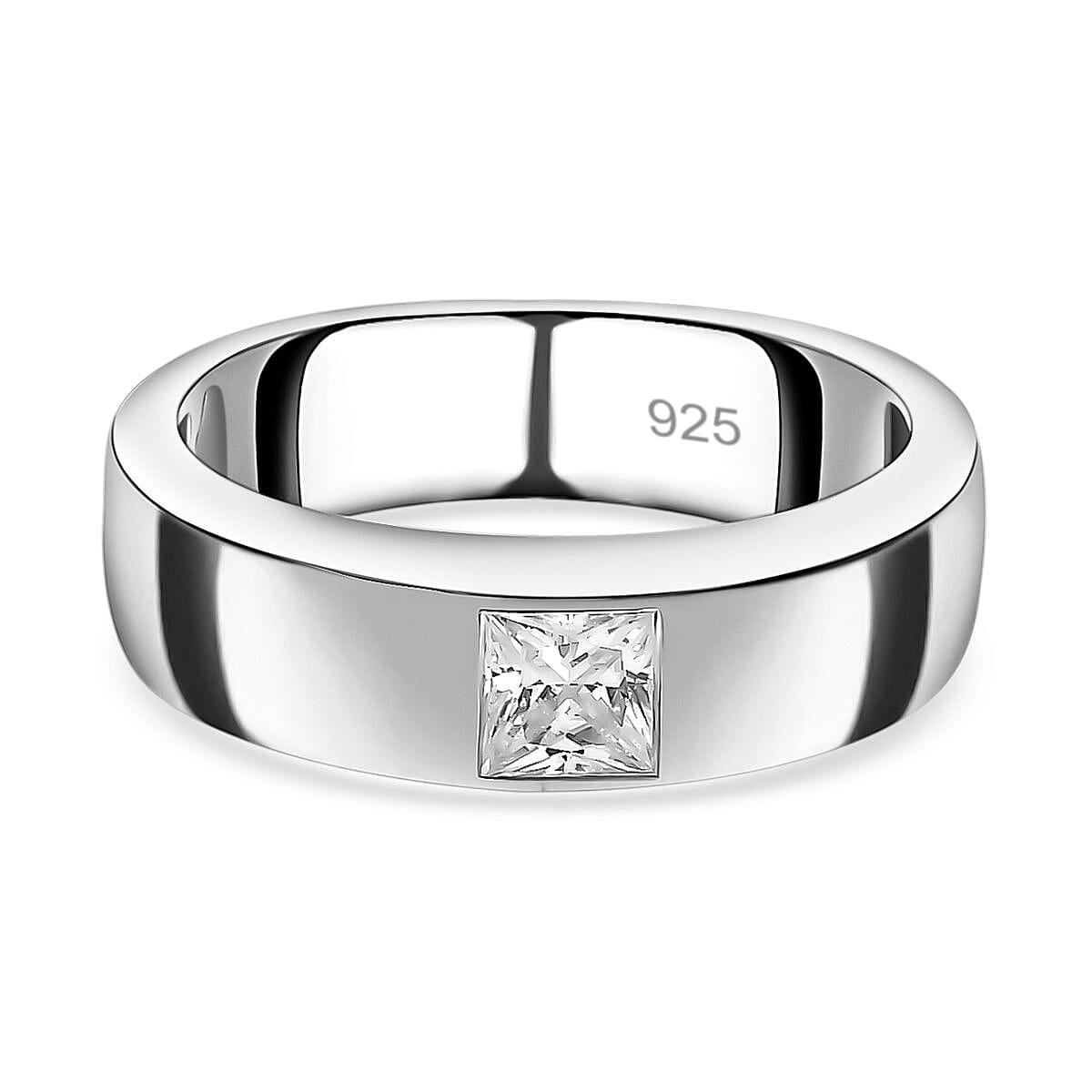 Moissanite Solitaire Band Ring in Platinum Overlay Sterling Silver