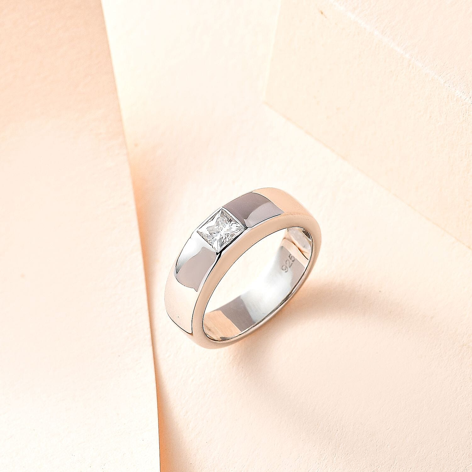 Moissanite Solitaire Band Ring in Platinum Overlay Sterling Silver