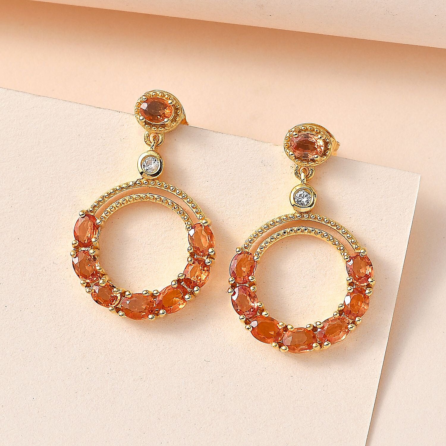 Orange Sapphire & Natural Zircon Dangle Earrings in 18K Vermeil YG Plated Sterling Silver 3.50 Ct.