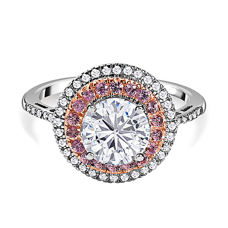 Designer Inspired - Moissanite & Pink Sapphire Halo Ring in Platinum Overlay Sterling Silver 2.74 Ct.