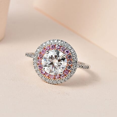 Designer Inspired - Moissanite & Pink Sapphire Halo Ring in Platinum Overlay Sterling Silver 2.74 Ct.