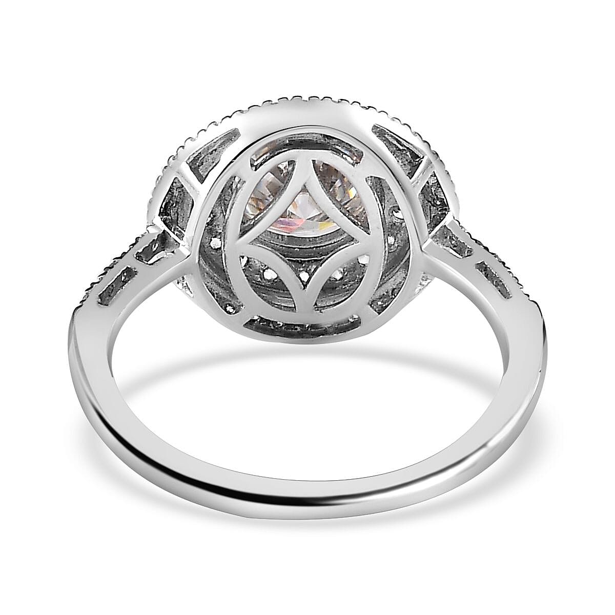 Designer Inspired - Moissanite & Pink Sapphire Halo Ring in Platinum Overlay Sterling Silver 2.74 Ct. Designer Inspired - Moissanite & Pink Sapphire Halo Ring in Platinum Overlay Sterling Silver 2.74 Ct.