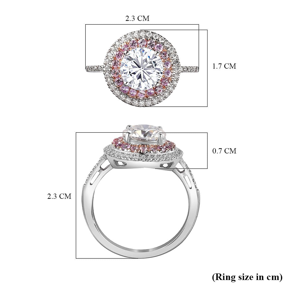 Designer Inspired - Moissanite & Pink Sapphire Halo Ring in Platinum Overlay Sterling Silver 2.74 Ct. Designer Inspired - Moissanite & Pink Sapphire Halo Ring in Platinum Overlay Sterling Silver 2.74 Ct.