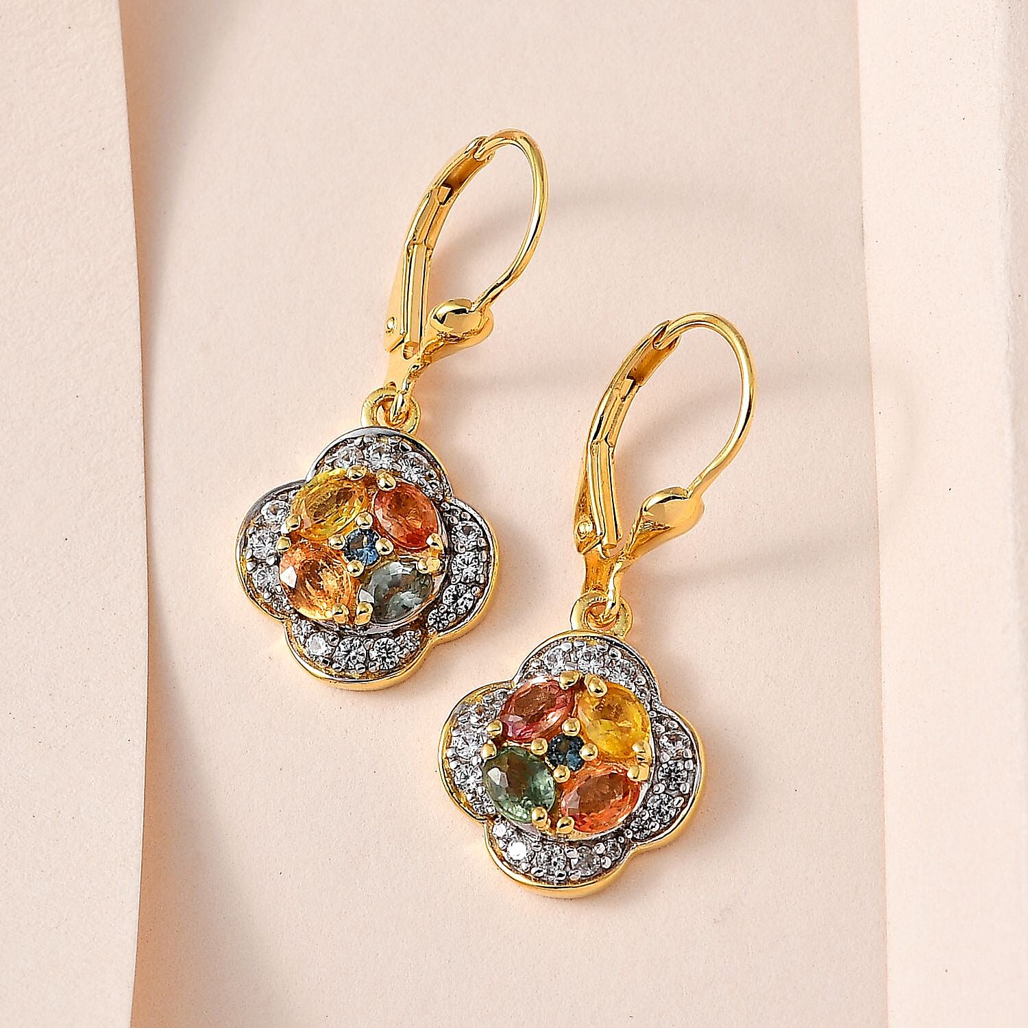 Multi Sapphire & Natural Zircon Earrings in 18K Vermeill YG Plated Sterling Silver 2.82 Ct