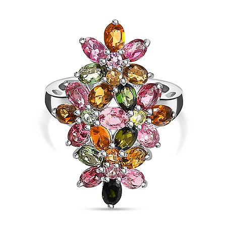 Multi-Tourmaline Cluster Floral Ring in Platinum Overlay Sterling Silver 3.80 Ct.