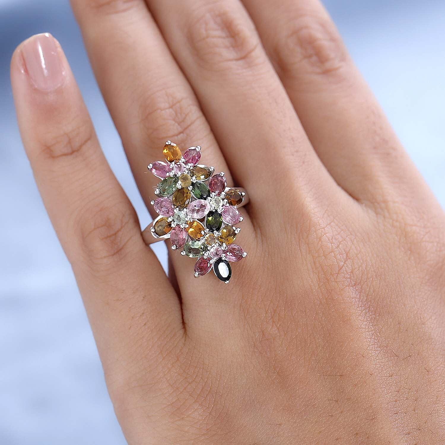 Multi-Tourmaline Cluster Floral Ring in Platinum Overlay Sterling Silver 3.80 Ct.