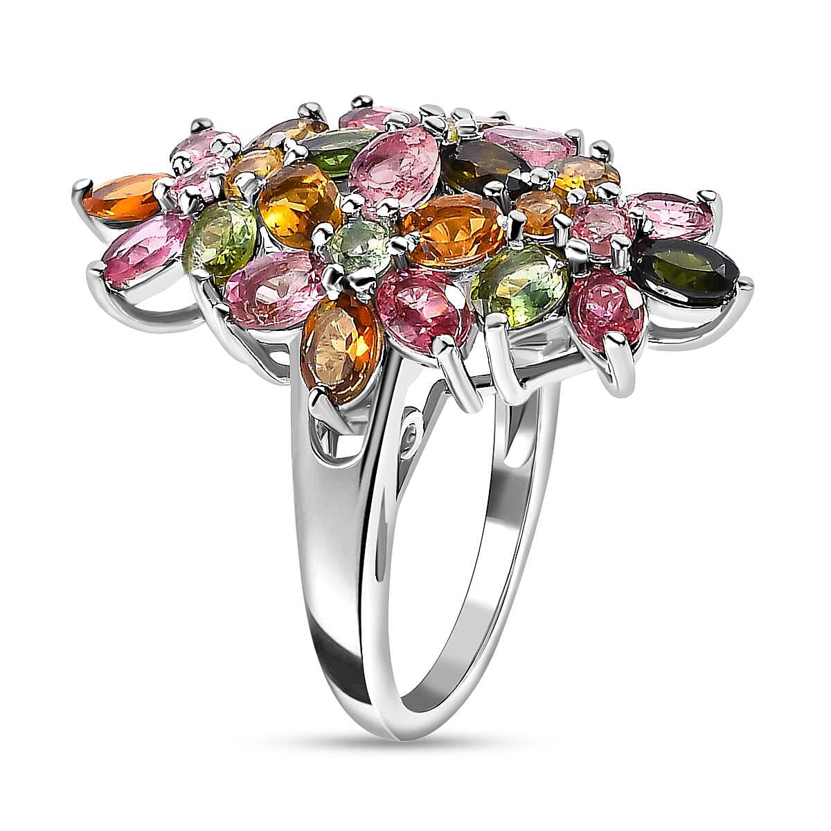 Multi-Tourmaline Cluster Floral Ring in Platinum Overlay Sterling Silver 3.80 Ct.