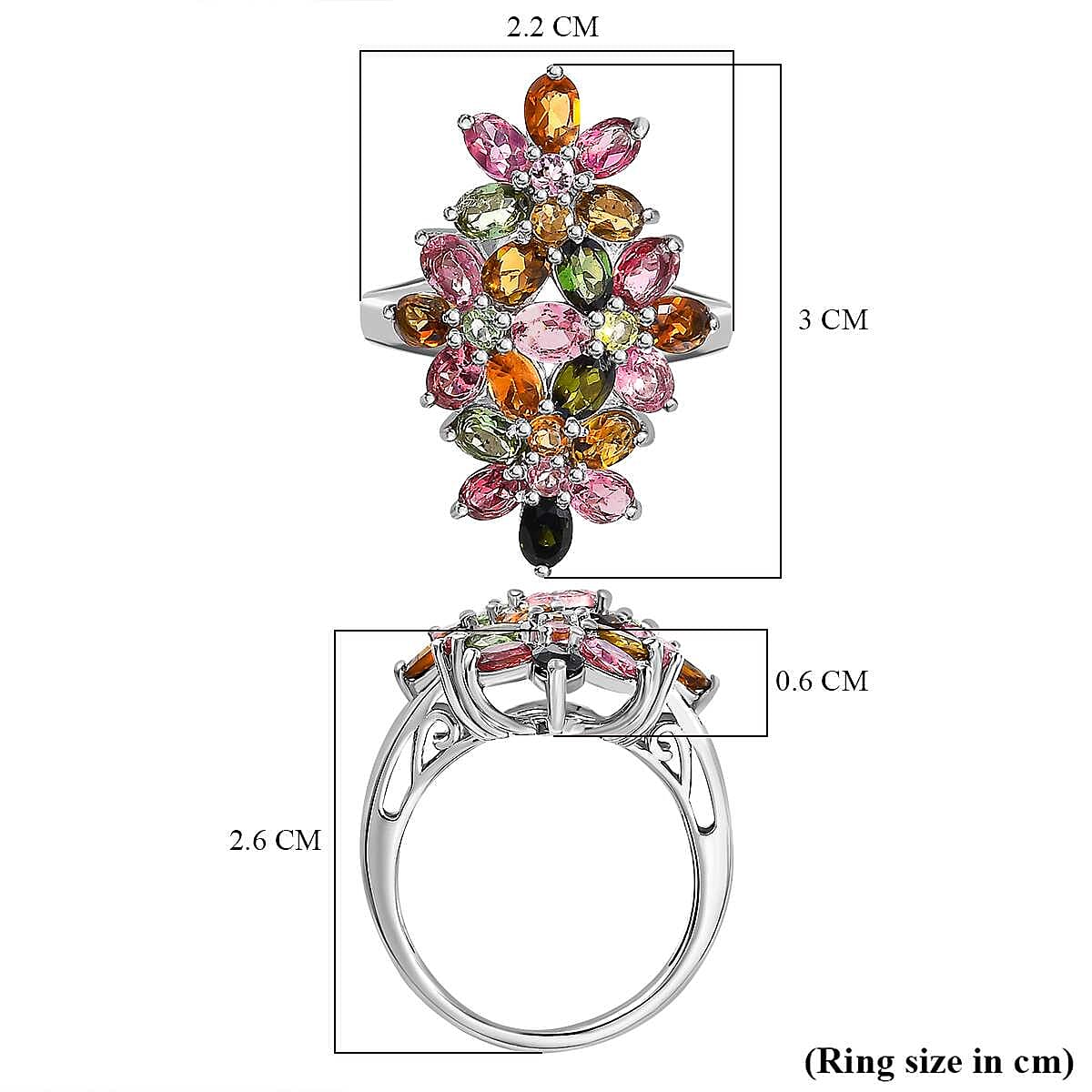 Multi-Tourmaline Cluster Floral Ring in Platinum Overlay Sterling Silver 3.80 Ct.