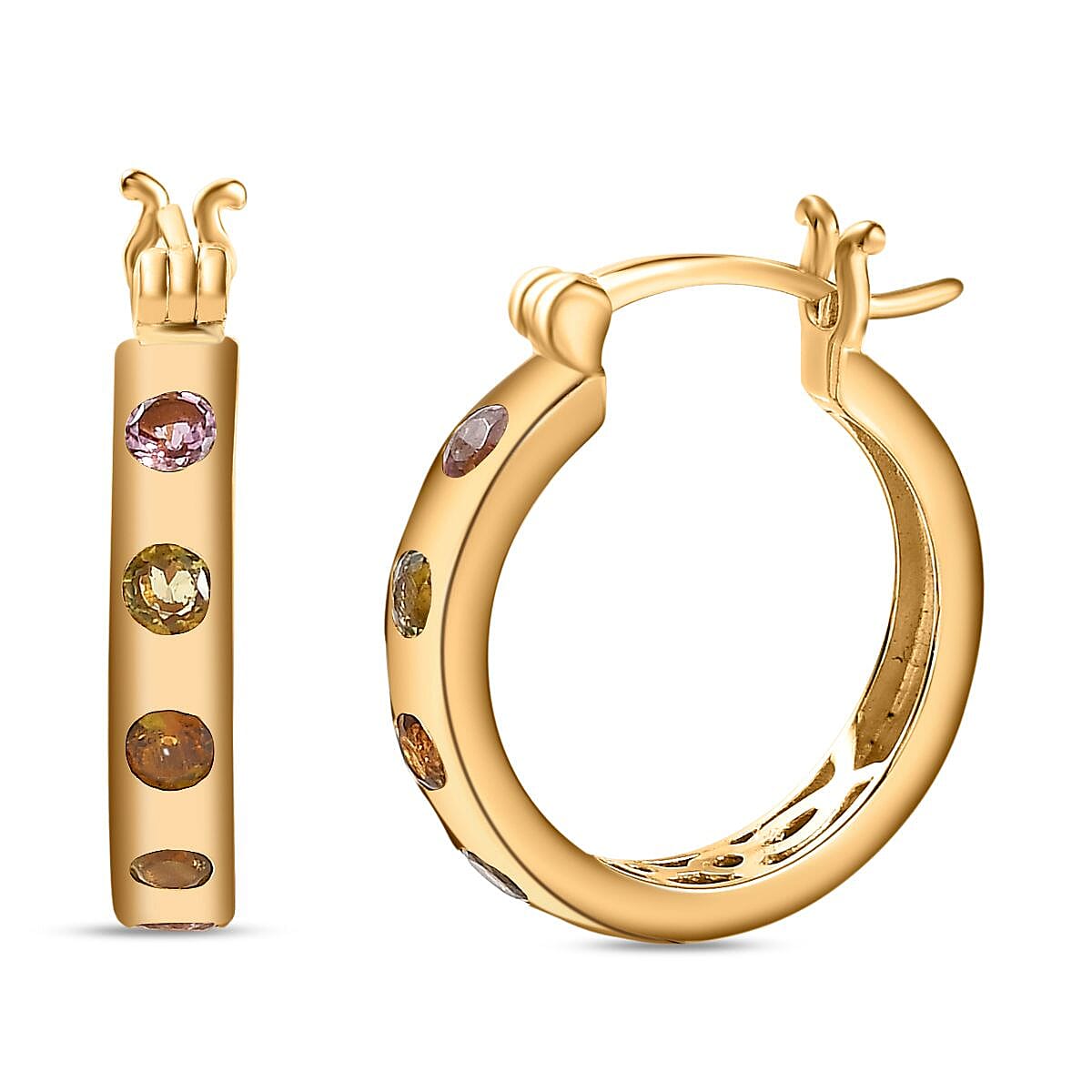 Multi-Tourmaline Hoop Earrings in 18K Vermeil Yellow Gold Plated Sterling Silver 1.20 Ct