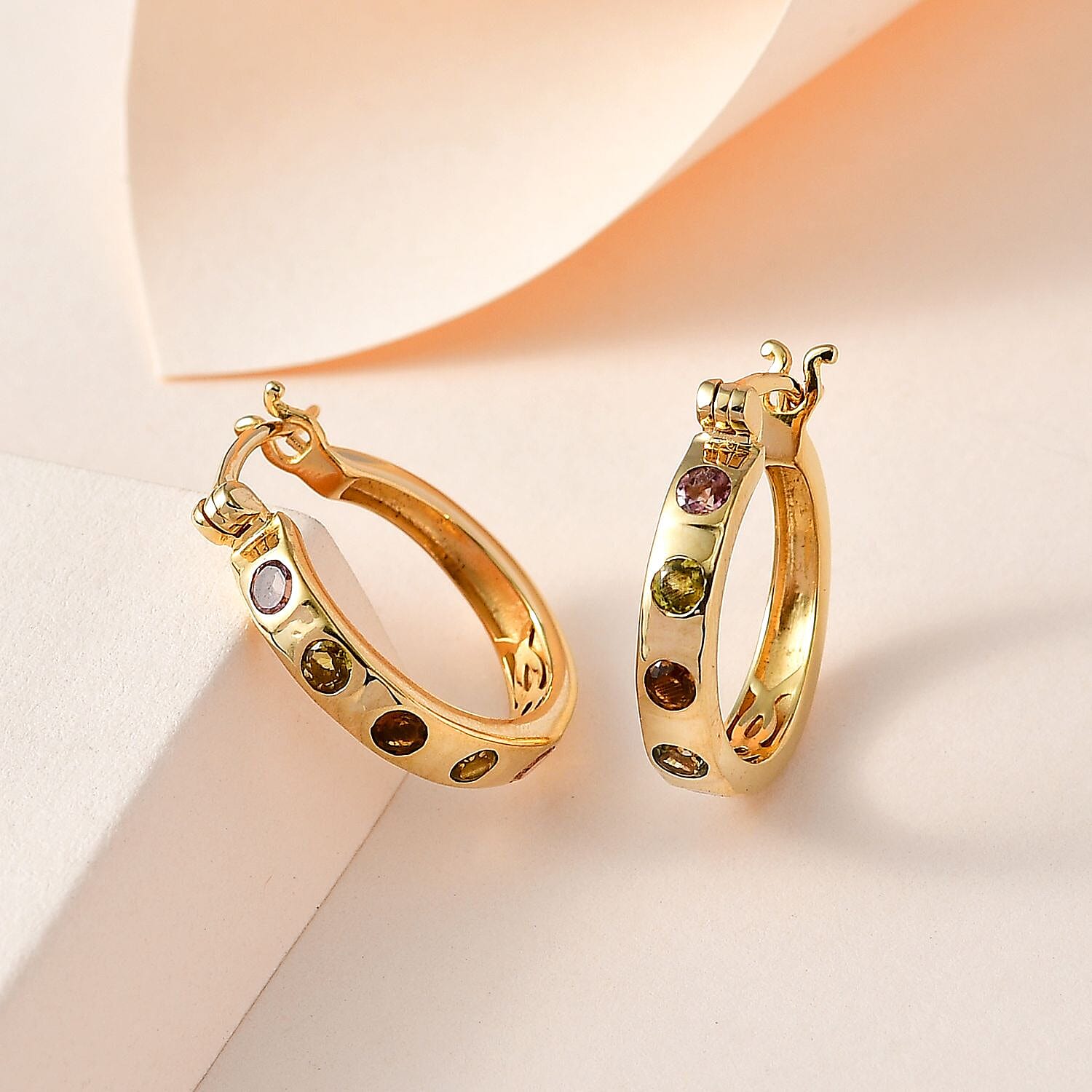 Multi-Tourmaline Hoop Earrings in 18K Vermeil Yellow Gold Plated Sterling Silver 1.20 Ct