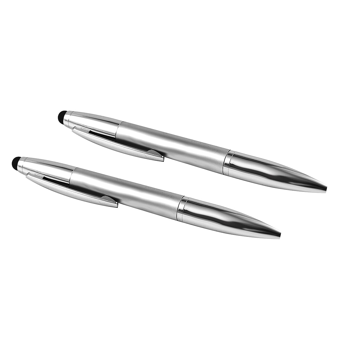 Latham & Hall Set of 2 Silver Ballpoint Pens with Stylus 1x Blue Ink, 1x Black Ink with Presentation Box