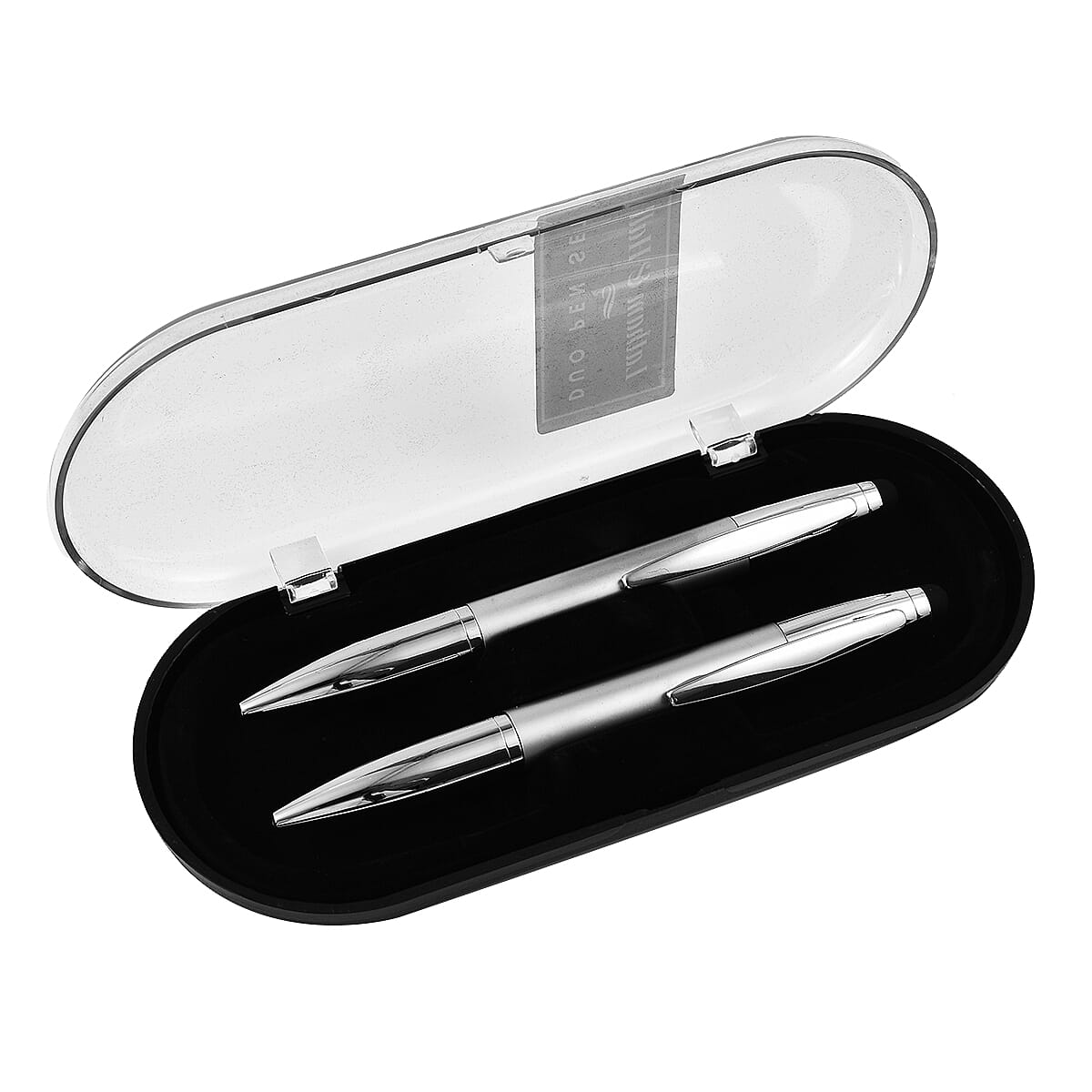 Latham & Hall Set of 2 Silver Ballpoint Pens with Stylus 1x Blue Ink, 1x Black Ink with Presentation Box