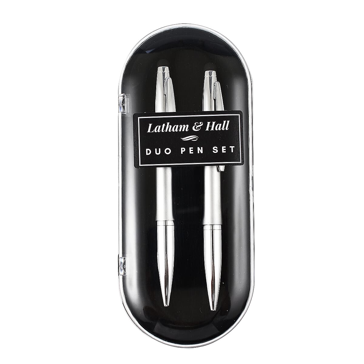 Latham & Hall Set of 2 Silver Ballpoint Pens with Stylus 1x Blue Ink, 1x Black Ink with Presentation Box