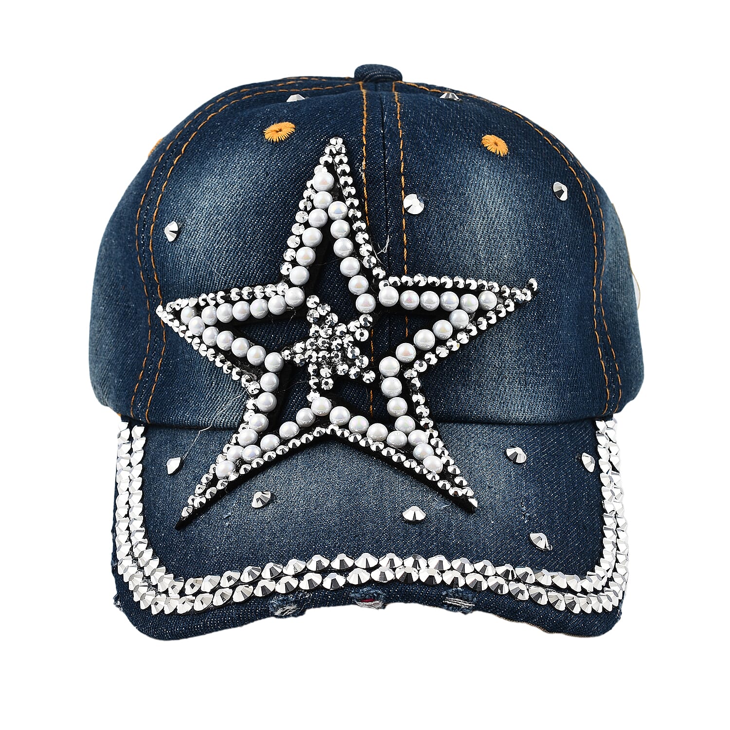 100% Cotton Crystal Studded Big Star Design Denim Cap - Blue