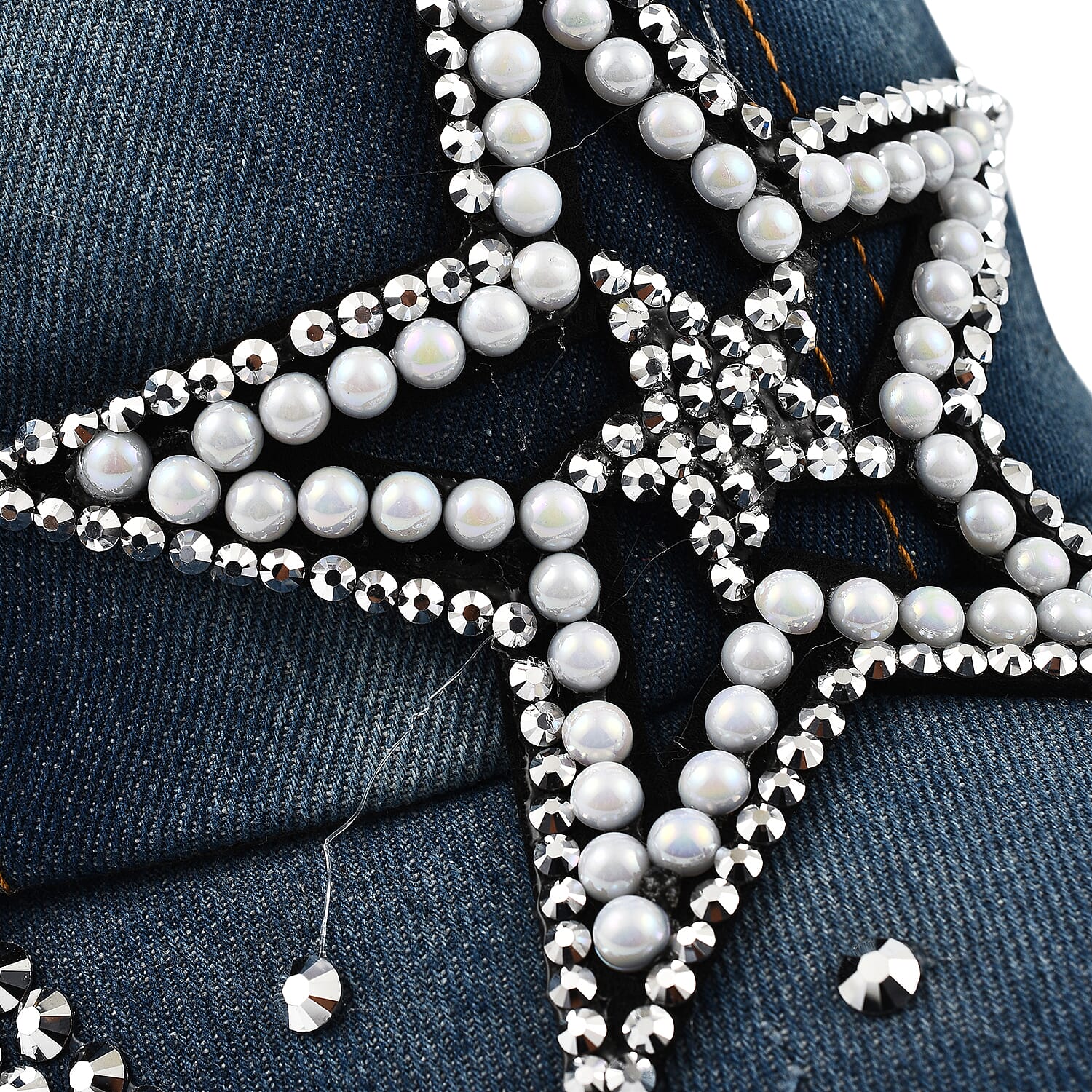 100% Cotton Crystal Studded Big Star Design Denim Cap - Blue
