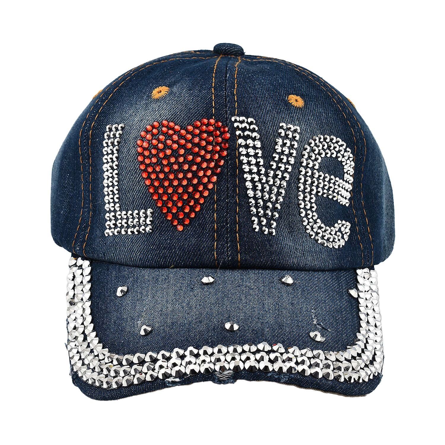 100% Cotton Crystal Studded Love Word Design Denim Cap - Blue