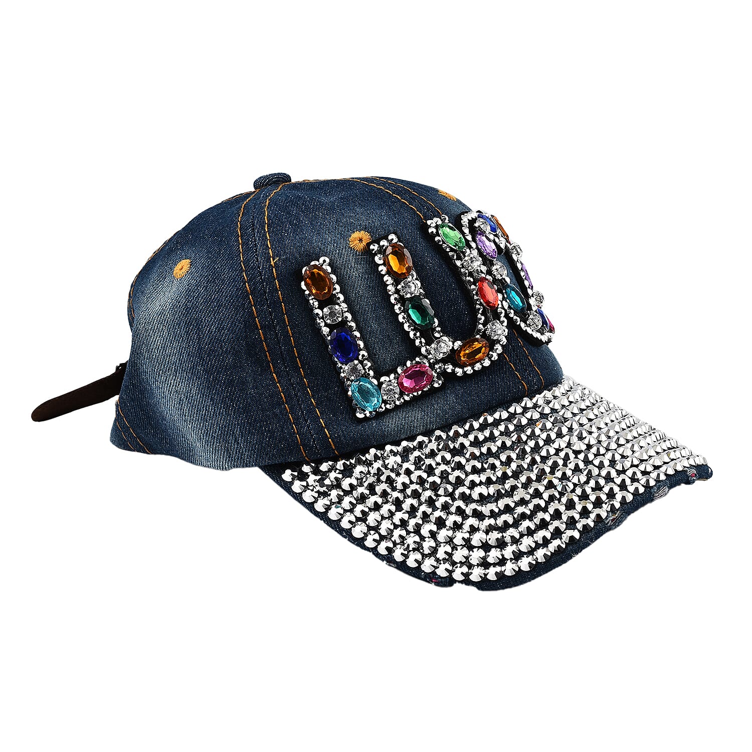 100% Cotton Denim Crystal Studded Embroidered Cap (One Size)  - Luck