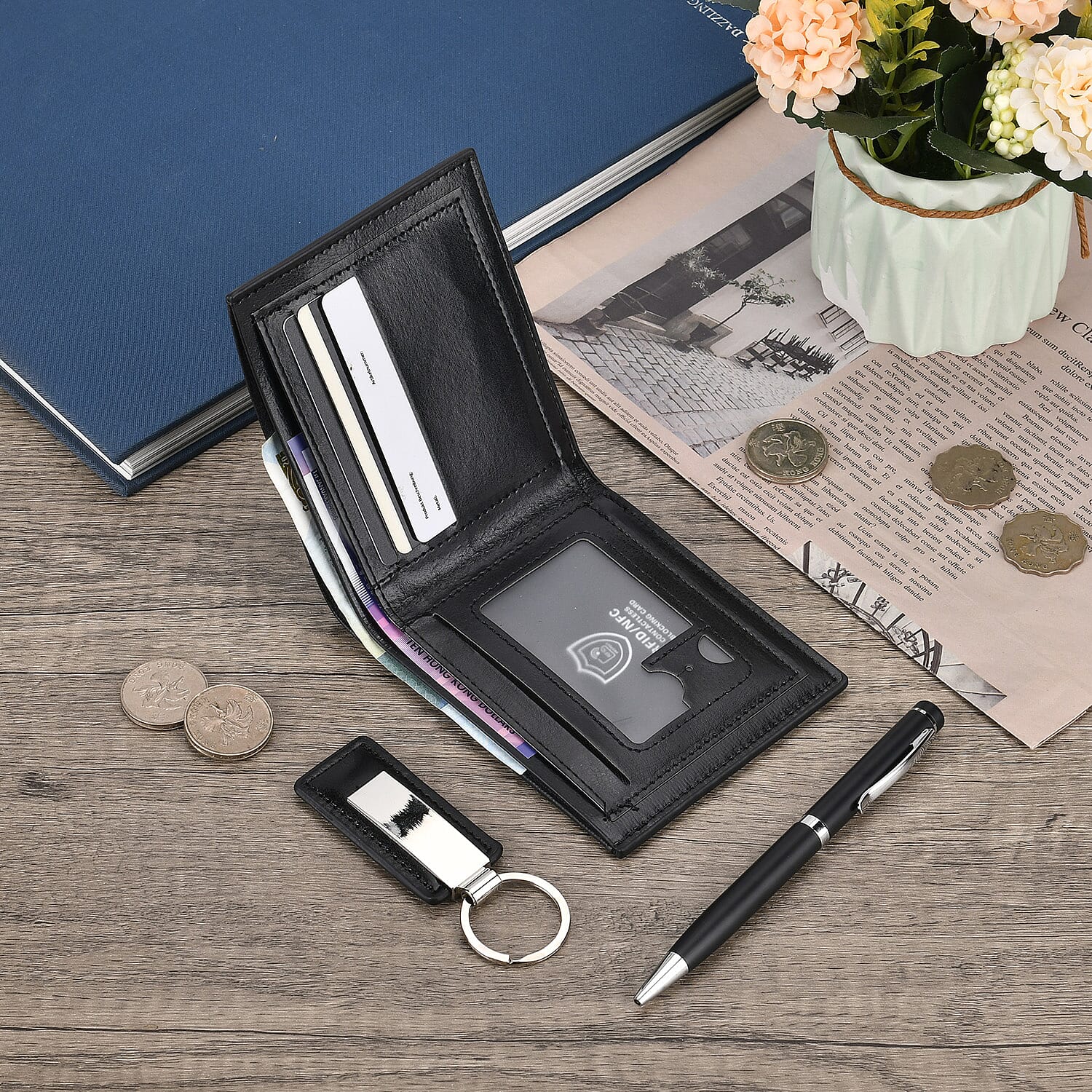 3 Piece Set of Gift Boxes For Men (Ballpoint Pen - Keychain - Wallet) - Black