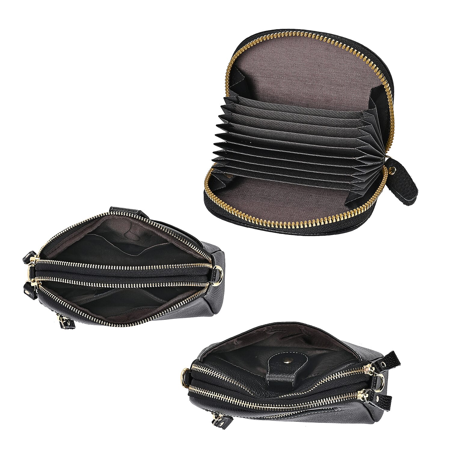 Set of 2 - 100% Genuine Leather Crossbody Bag & Card Wallet with RFID Protection - Black