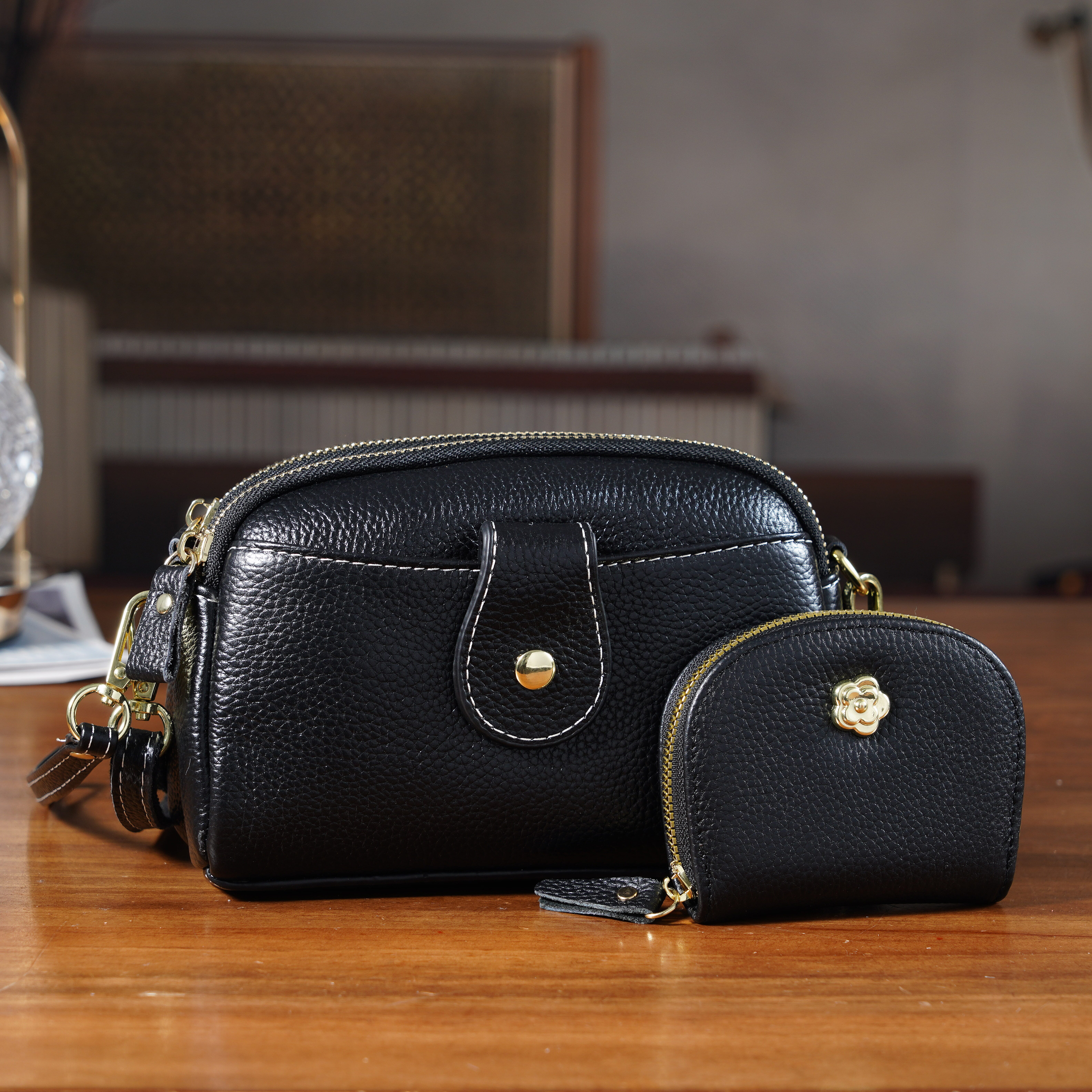 Set of 2 - 100% Genuine Leather Crossbody Bag & Card Wallet with RFID Protection - Black