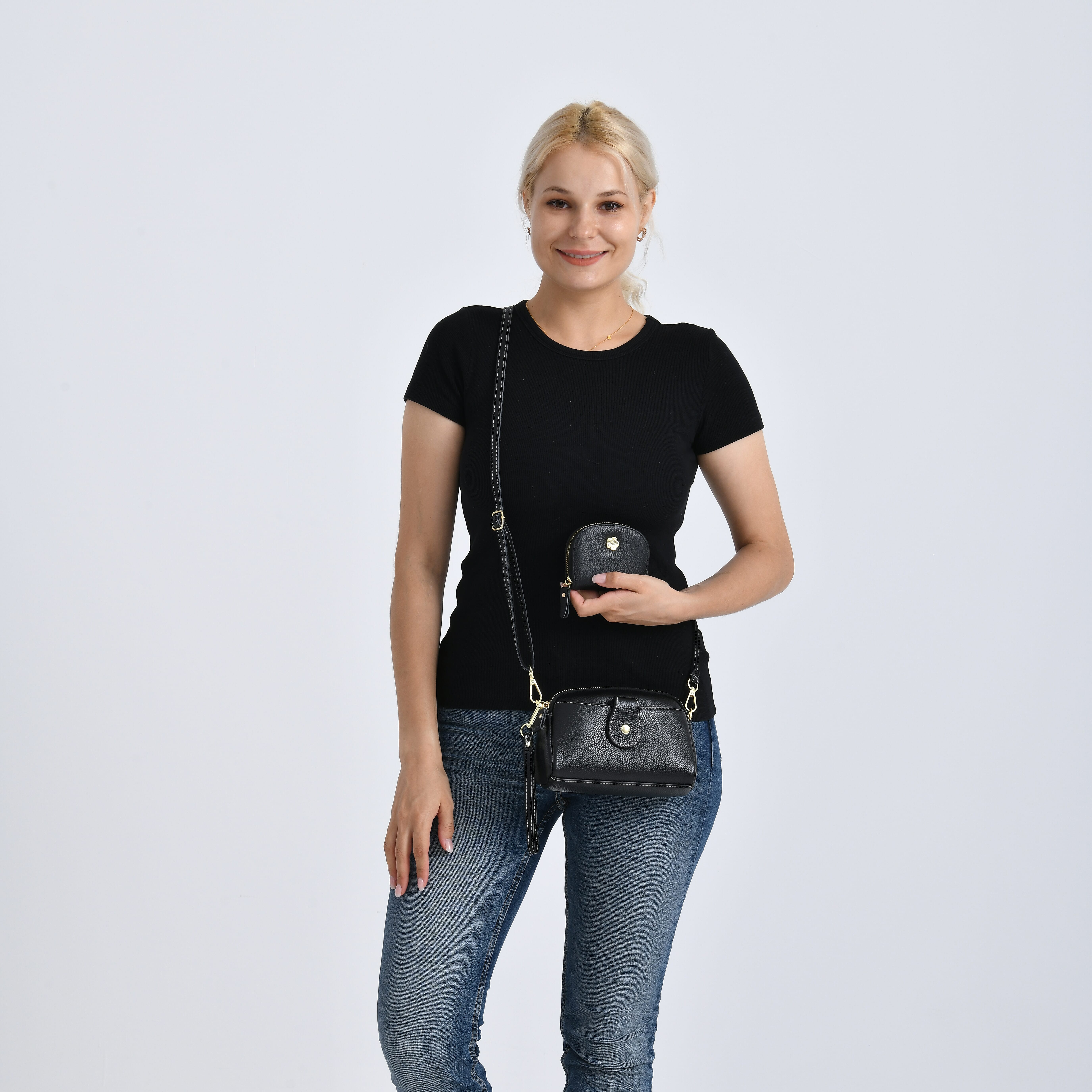 Set of 2 - 100% Genuine Leather Crossbody Bag & Card Wallet with RFID Protection - Black