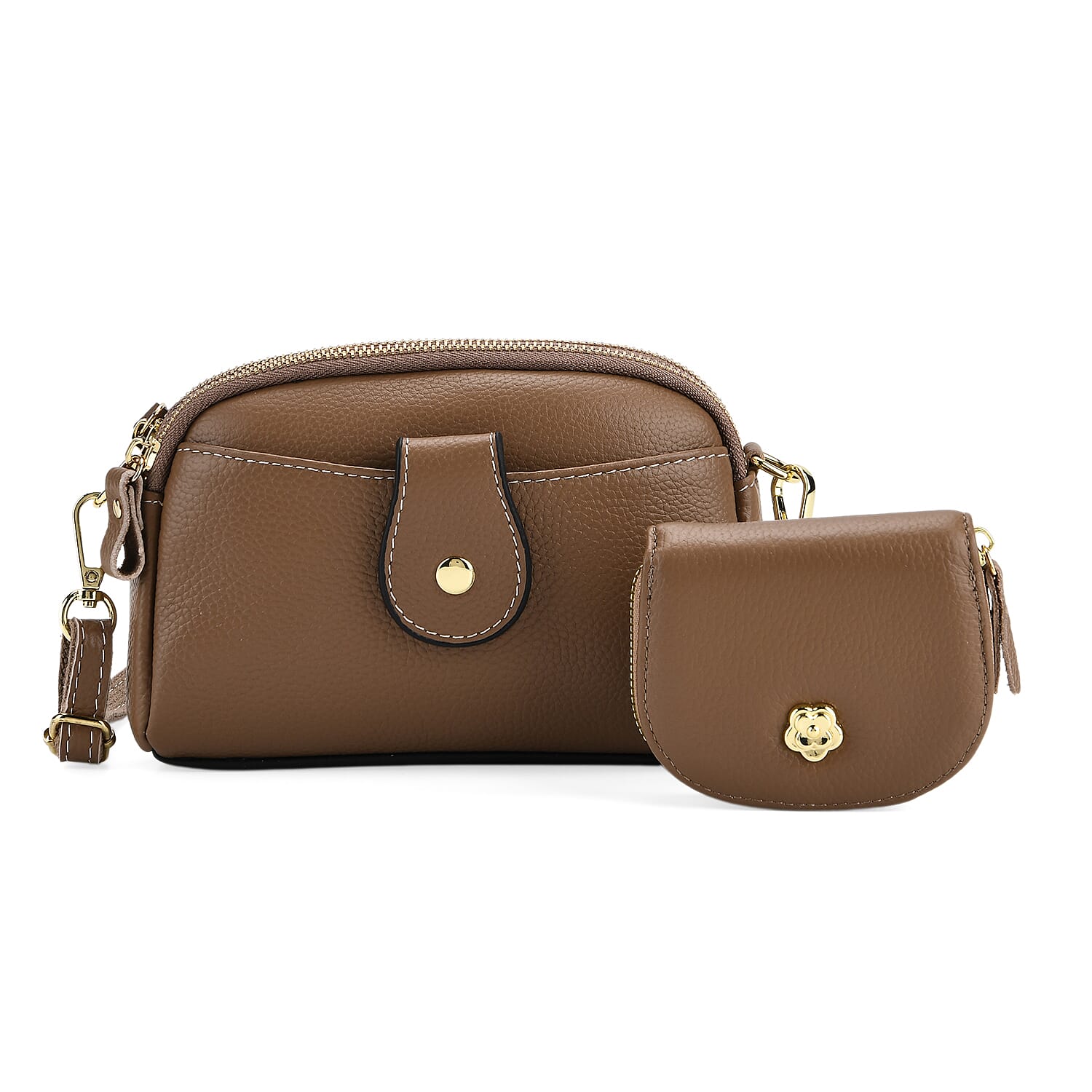 Set of 2 - 100% Genuine Leather Crossbody Bag & Card Wallet with RFID Protection - Brown