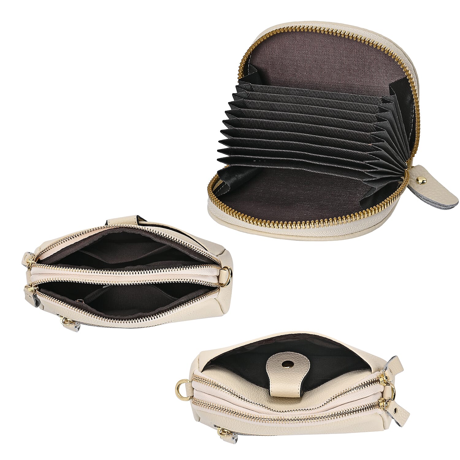 Set of 2 - 100% Genuine Leather Crossbody Bag & Card Wallet with RFID Protection - Cream