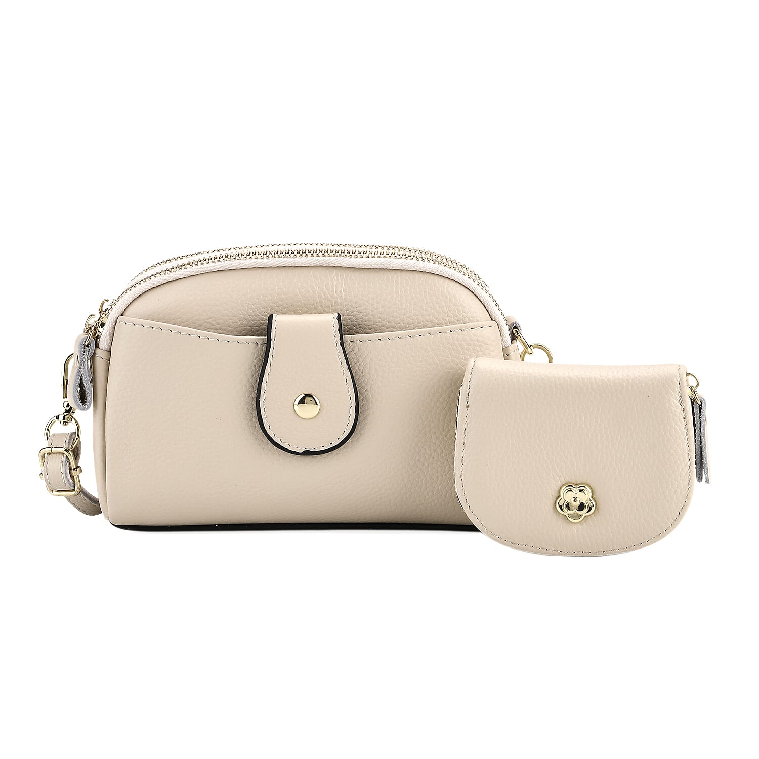 Set of 2 - 100% Genuine Leather Crossbody Bag & Card Wallet with RFID Protection - Cream