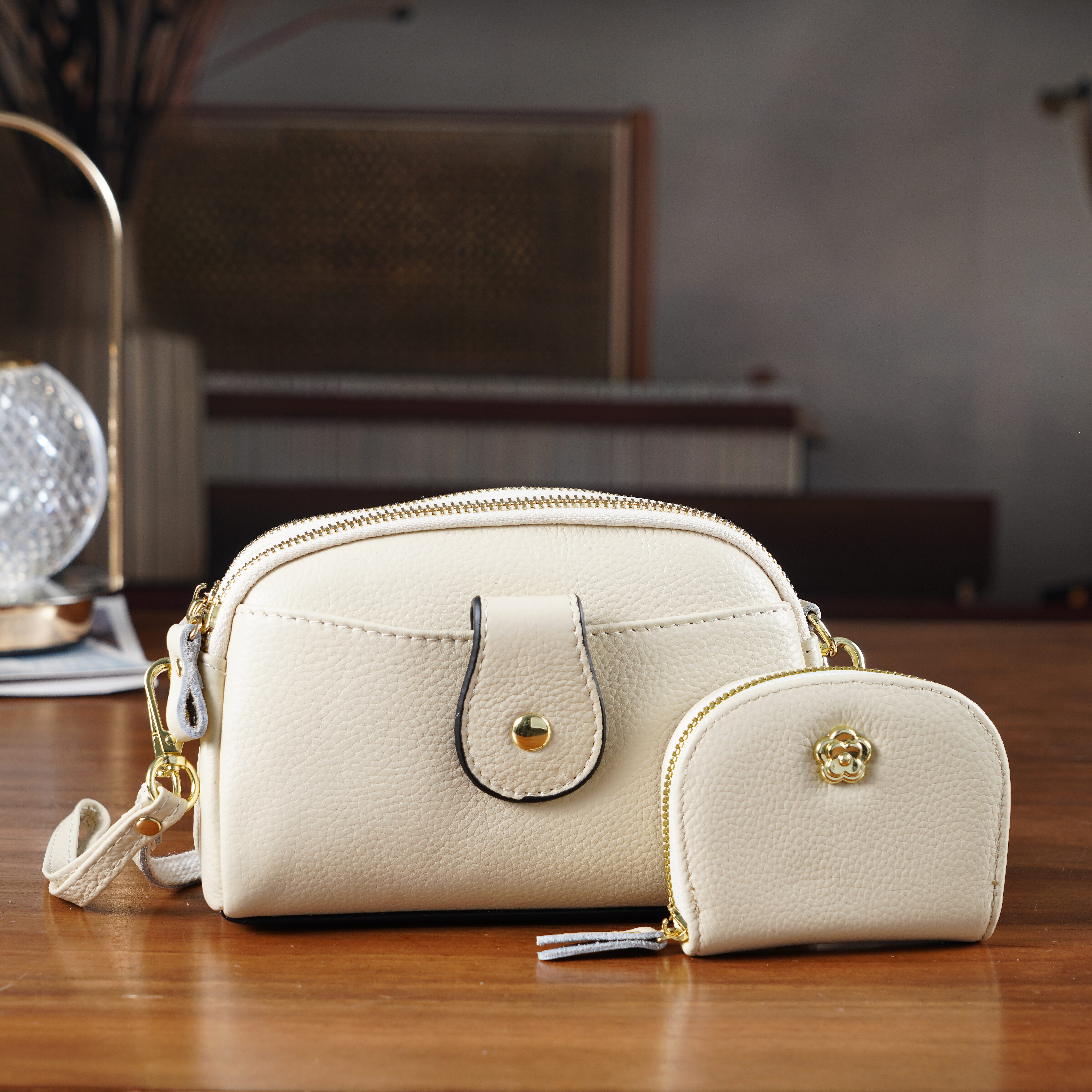 Set of 2 - 100% Genuine Leather Crossbody Bag & Card Wallet with RFID Protection - Cream