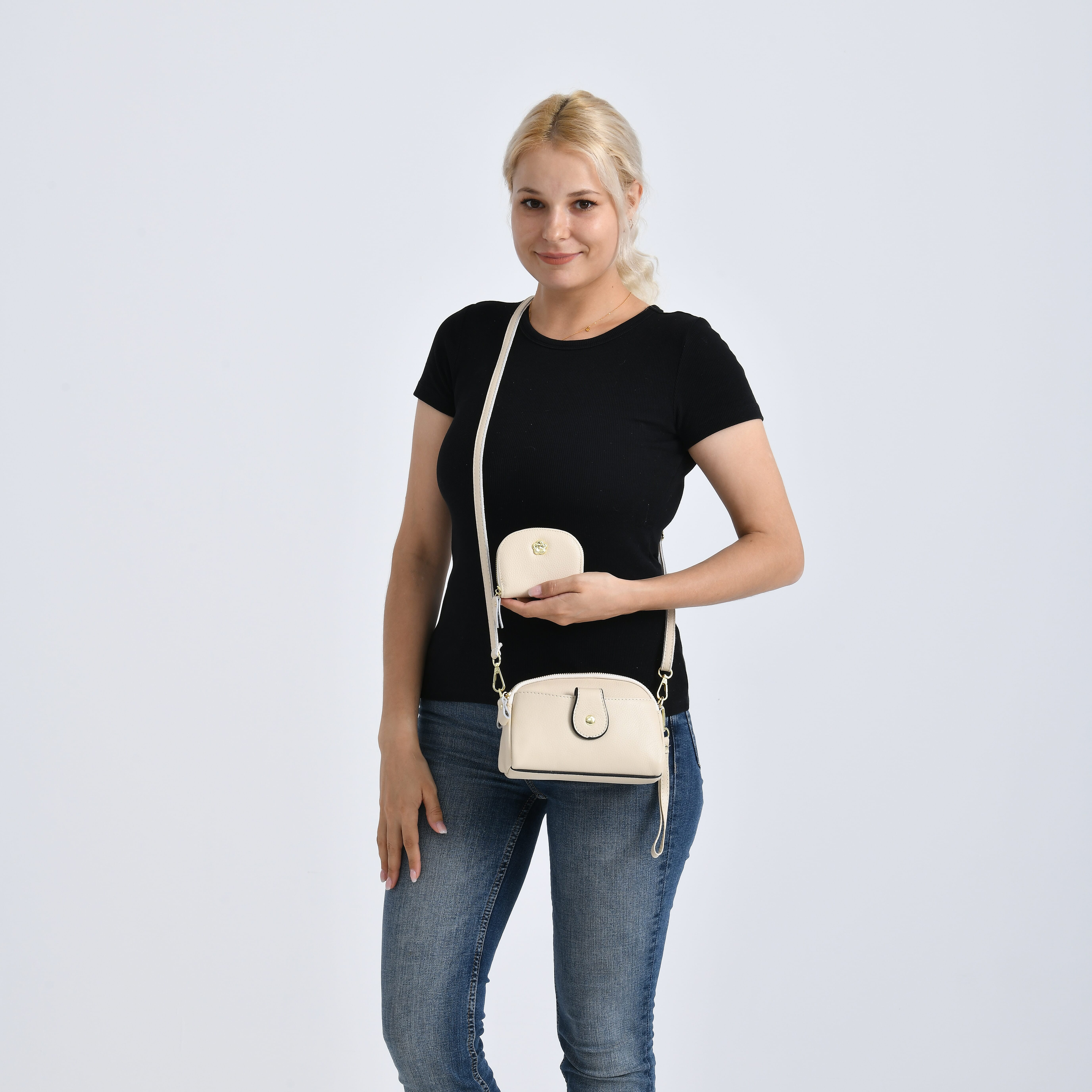 Set of 2 - 100% Genuine Leather Crossbody Bag & Card Wallet with RFID Protection - Cream