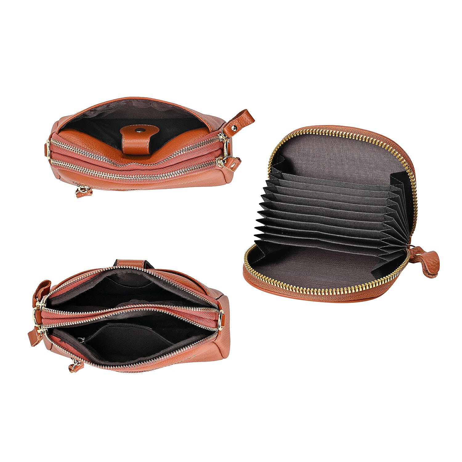 Set of 2 - 100% Genuine Leather Crossbody Bag & Card Wallet with RFID Protection - Tan