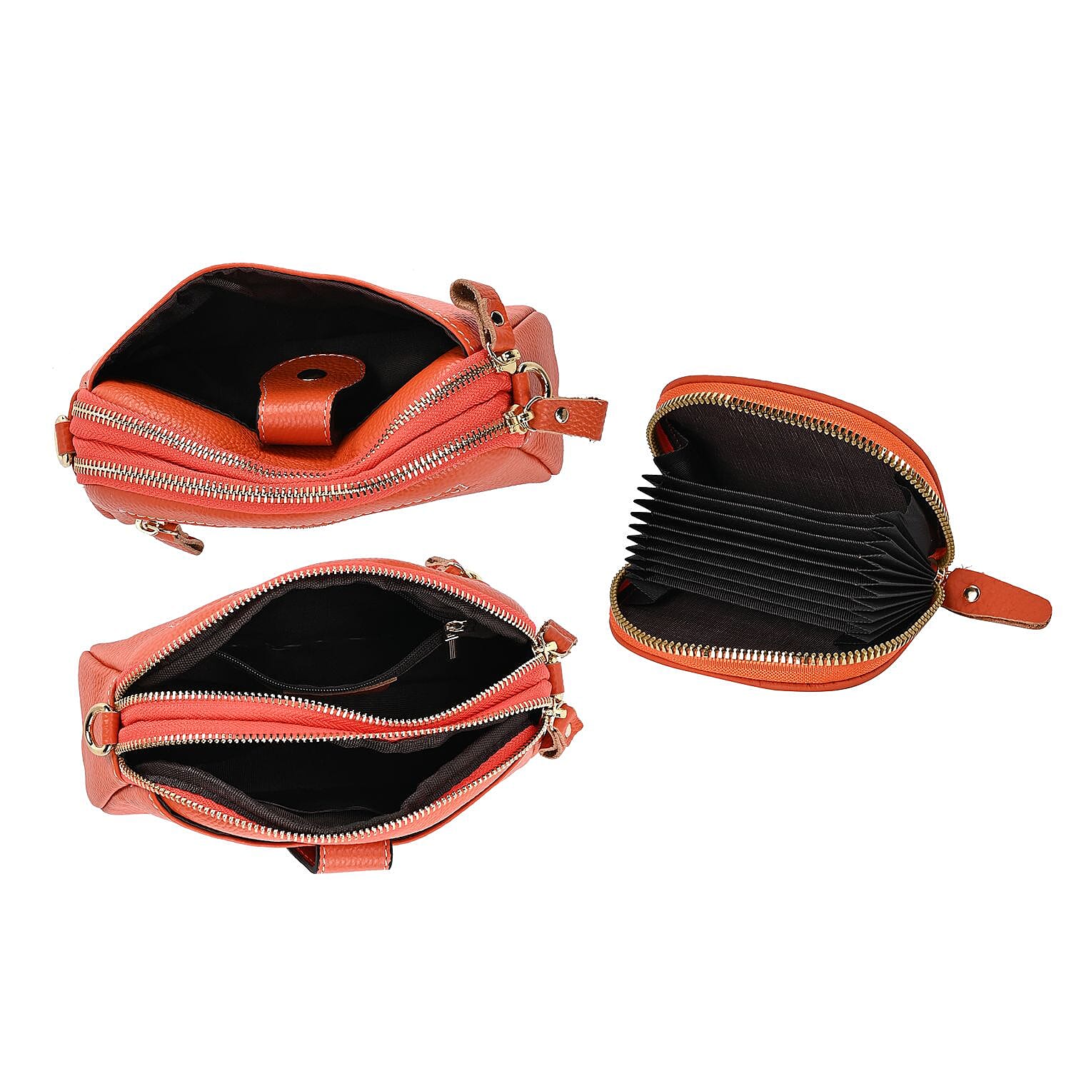 Set of 2 - 100% Genuine Leather Crossbody Bag & Card Wallet with RFID Protection - Orange