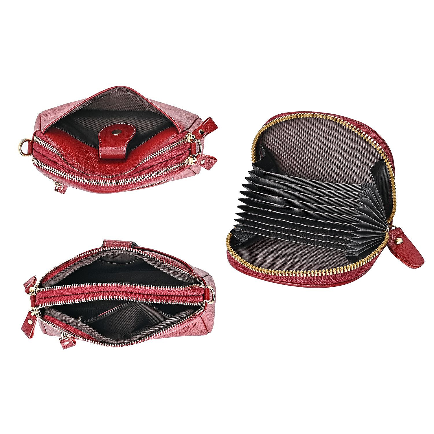 Set of 2 - Genuine Leather Crossbody Bag & Card Wallet with RFID - Burgundy