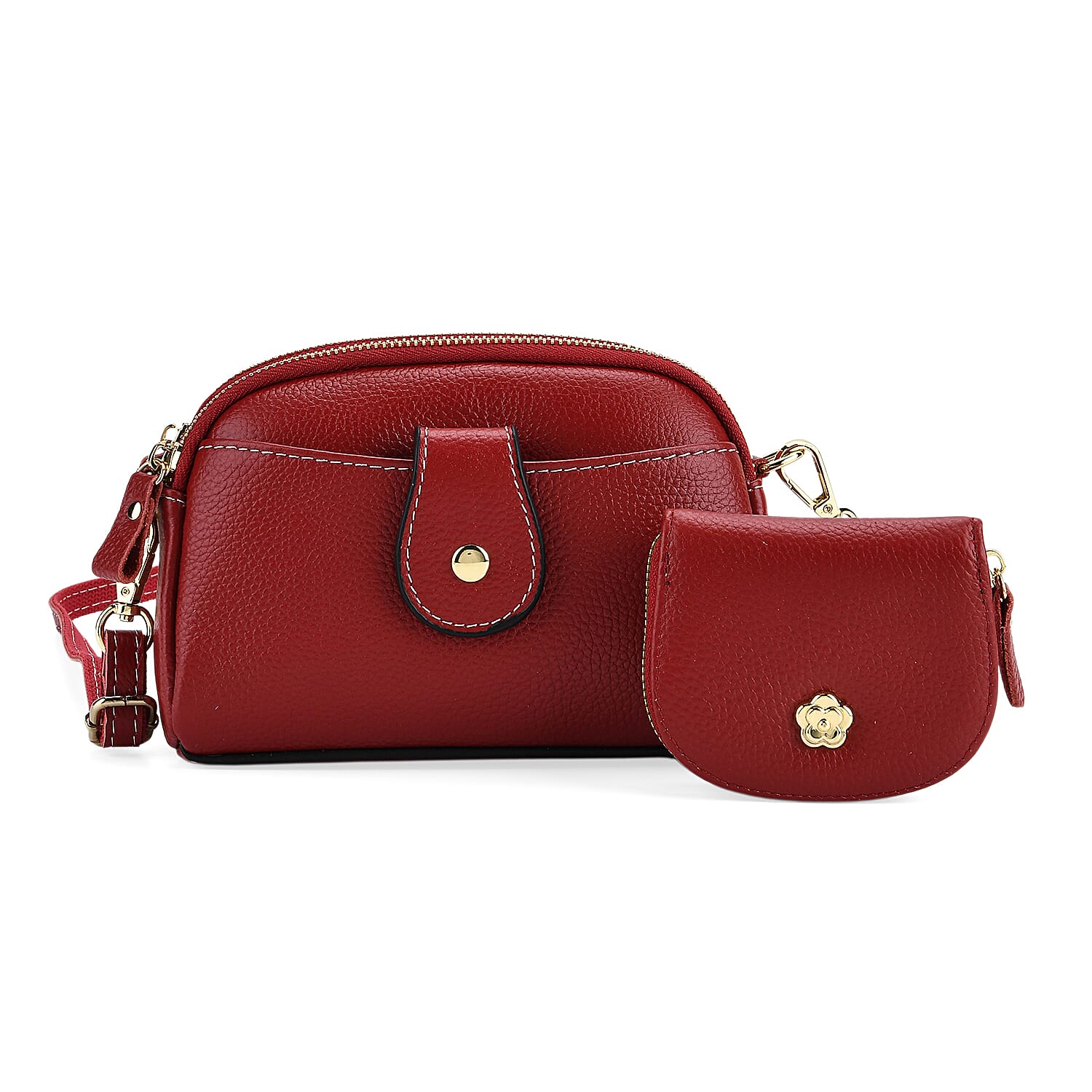 Set of 2 - Genuine Leather Crossbody Bag & Card Wallet with RFID - Burgundy