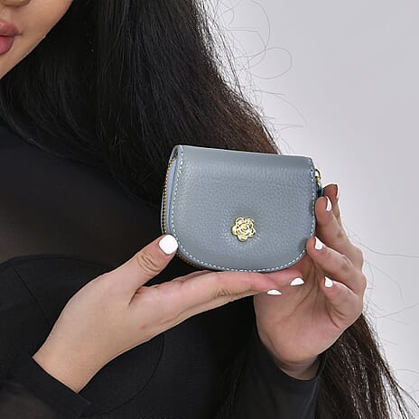 Set of 2 - 100% Genuine Leather Crossbody Bag & Card Wallet with RFID Protection - Dusty Blue