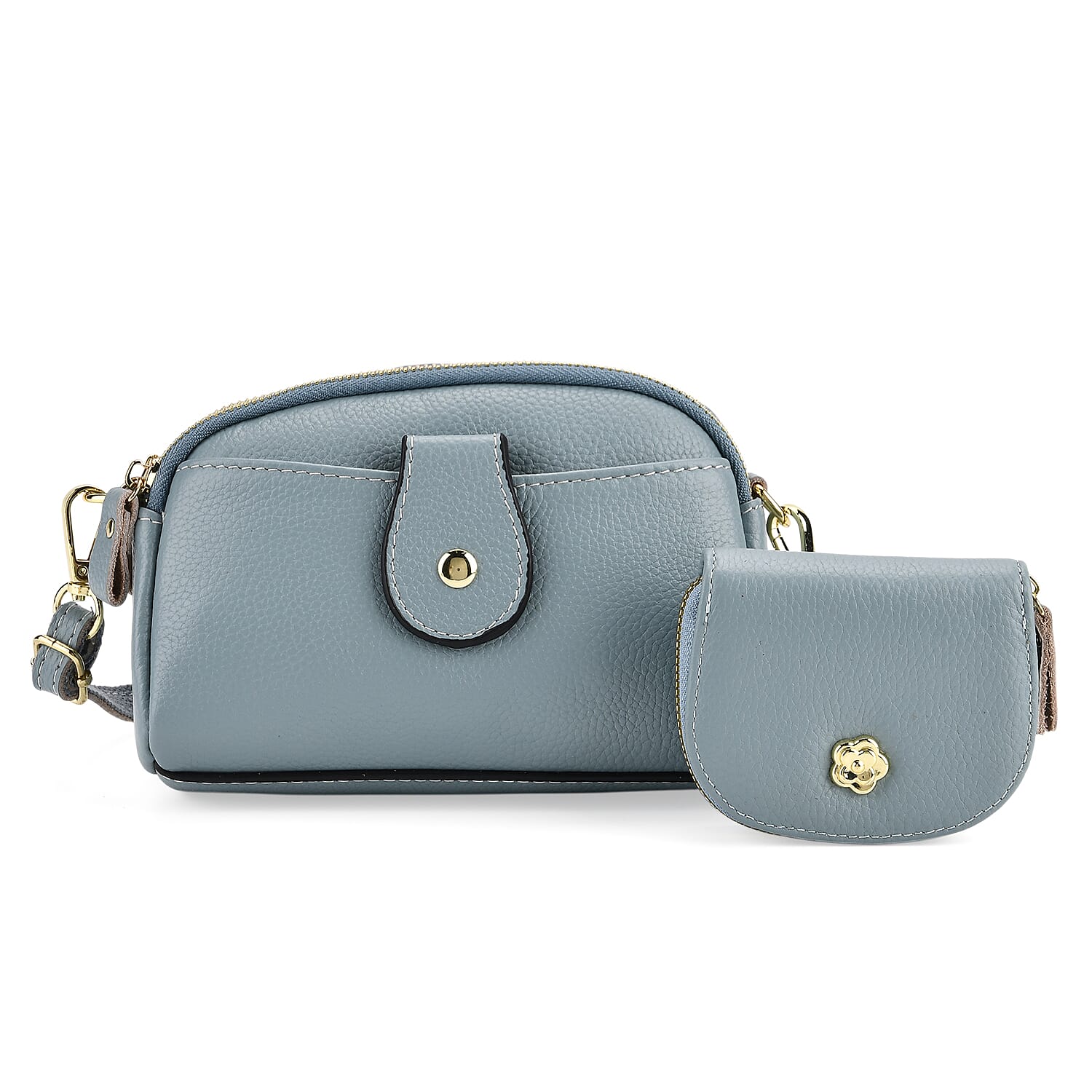 Set of 2 - 100% Genuine Leather Crossbody Bag & Card Wallet with RFID Protection - Dusty Blue