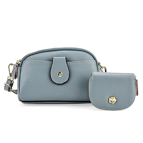 Set of 2 - 100% Genuine Leather Crossbody Bag & Card Wallet with RFID Protection - Dusty Blue