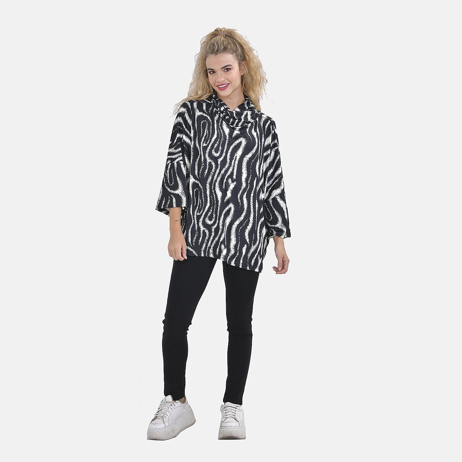 Zebra Print Stretch Jersey Top with Cowl Neck (One Size 8-18) - Black & White