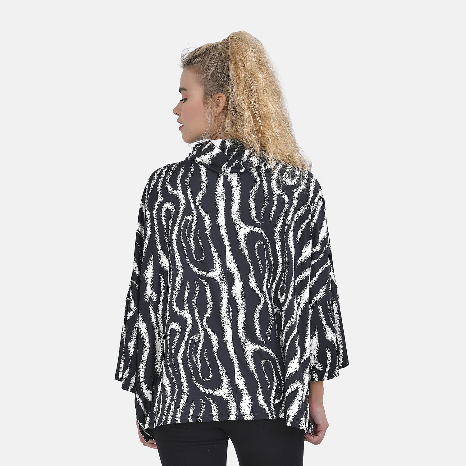 Zebra Print Stretch Jersey Top with Cowl Neck (One Size 8-18) - Black & White