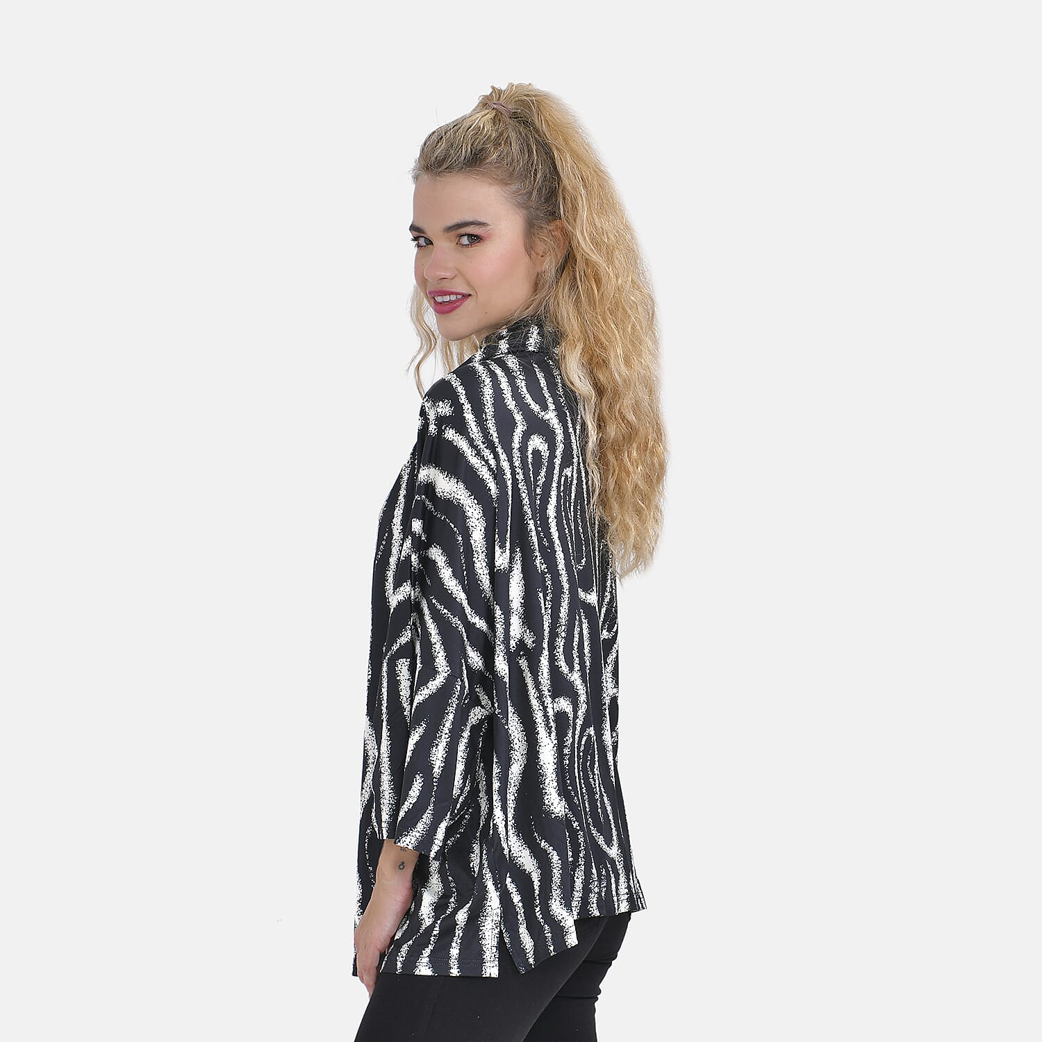 Zebra Print Stretch Jersey Top with Cowl Neck (One Size 8-18) - Black & White