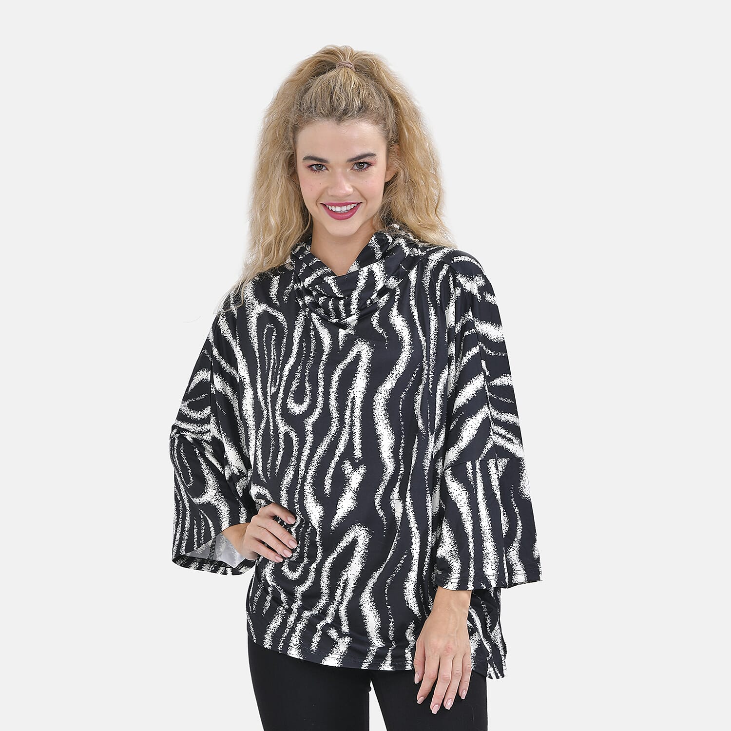 Zebra Print Stretch Jersey Top with Cowl Neck (One Size 8-18) - Black & White