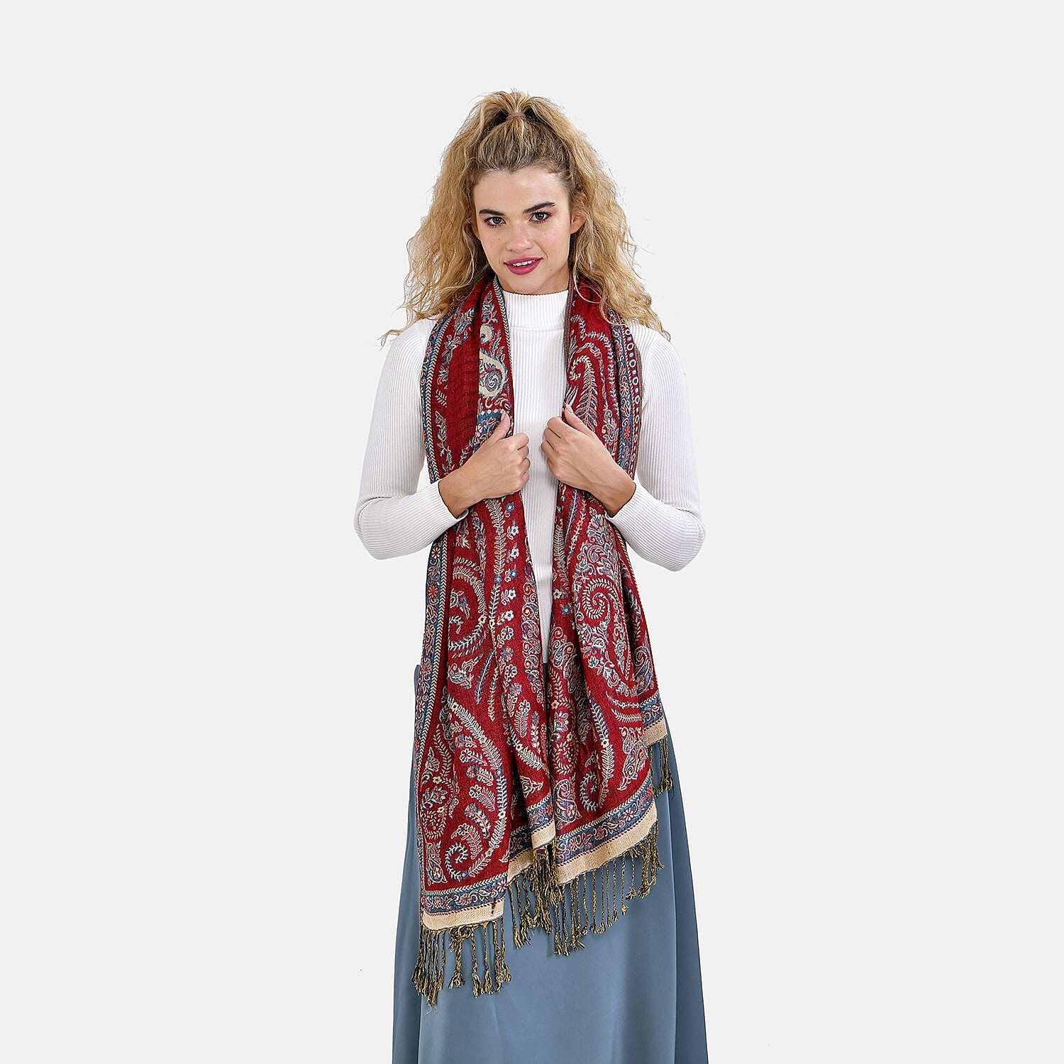 Fringed Scarf (One Size 180x70 cm) - Red