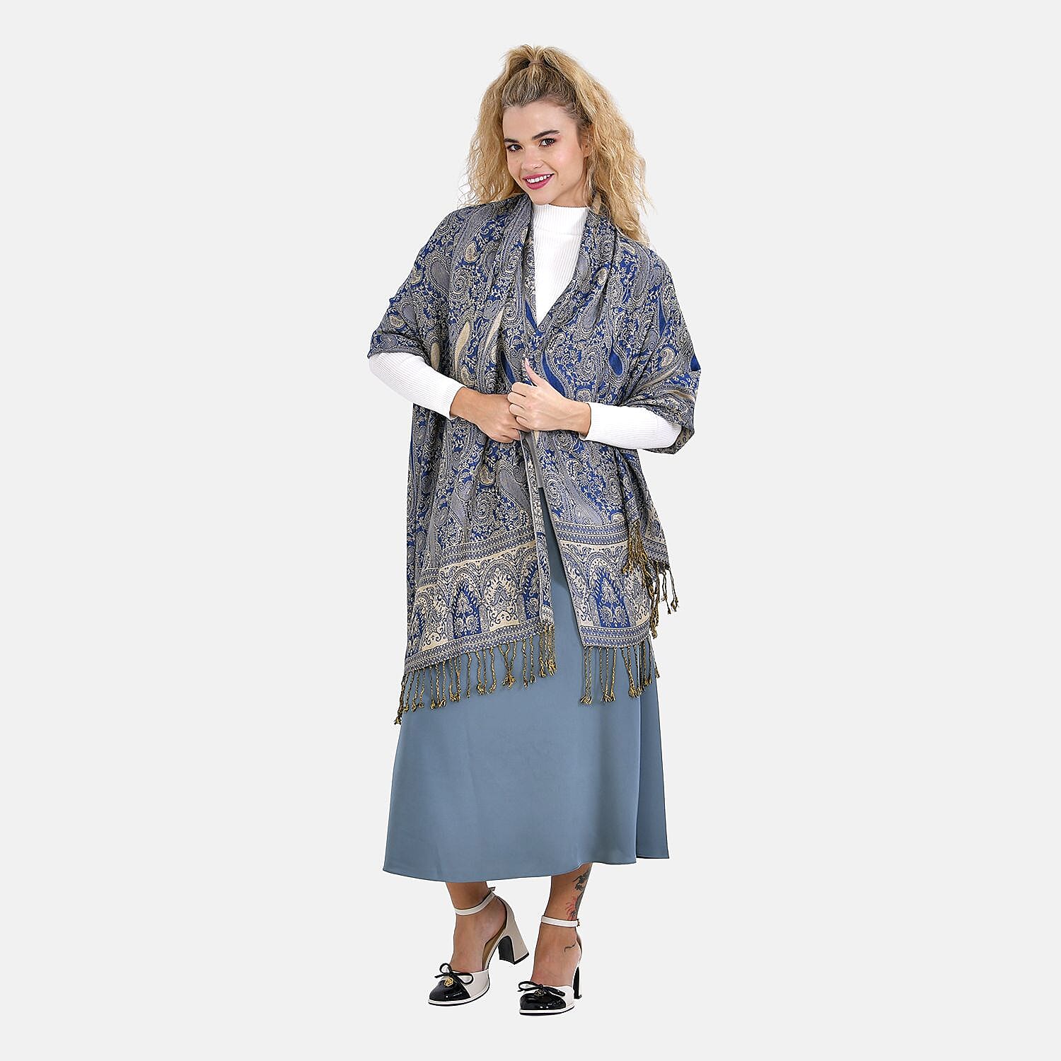 Fringed Scarf (One Size 180x70 cm) - Blue