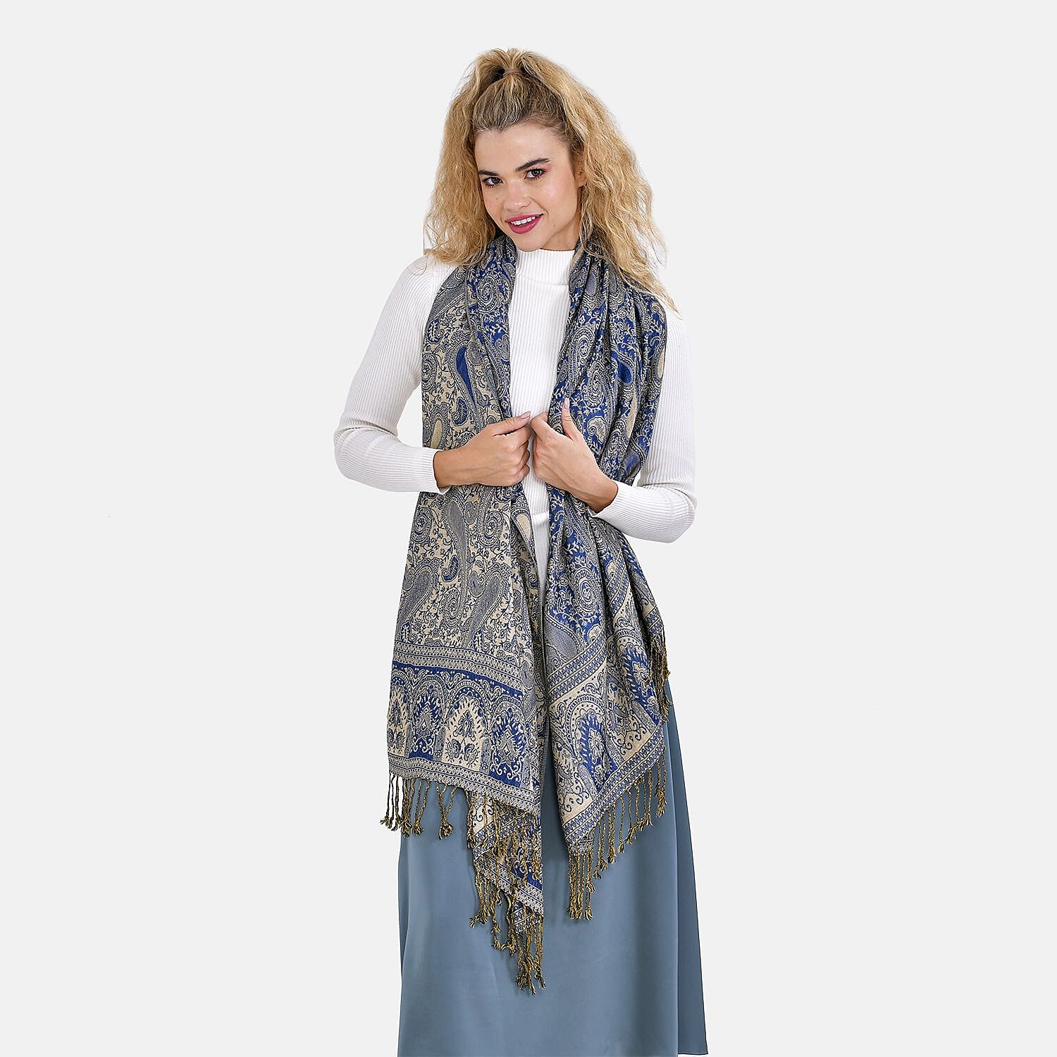 Fringed Scarf (One Size 180x70 cm) - Blue